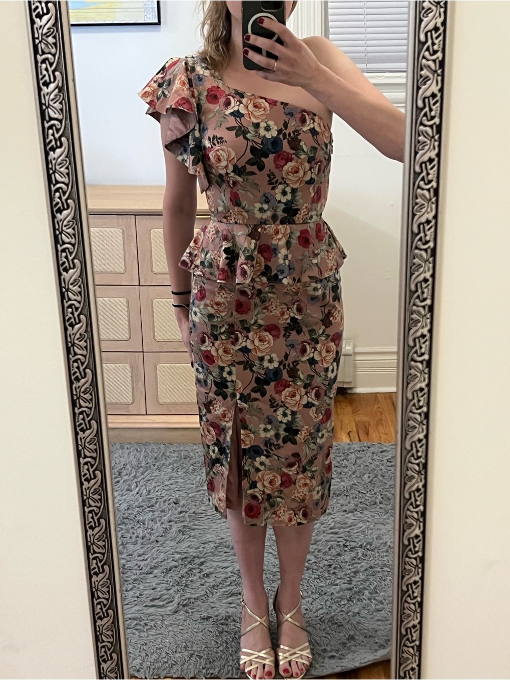NWT Gianni Bini Danielle One-Shoulder Floral Peplum Dress in Blush Multi